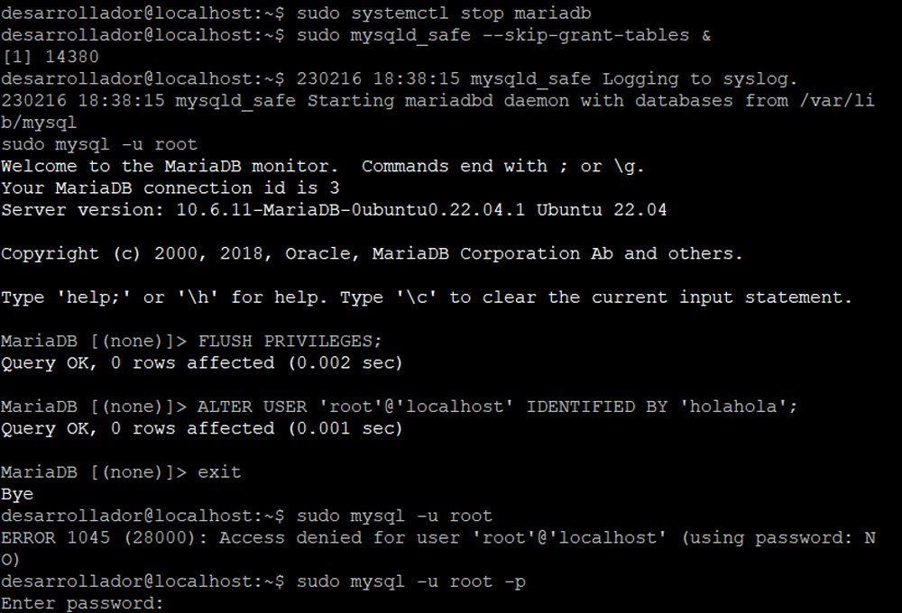 Restablecer la contraseña de root de MySQL o MariaDB